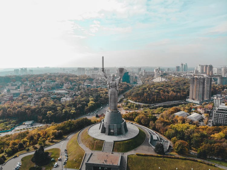 Drone Shot Of Motherland Monument And The City Of Kyiv