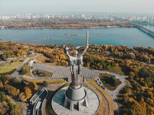 Aerial View of Motherland Monument and Daniparo River in Kyiv