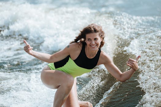 Happy woman enjoying wakesurfing in the ocean, showing thumbs up while riding the waves.