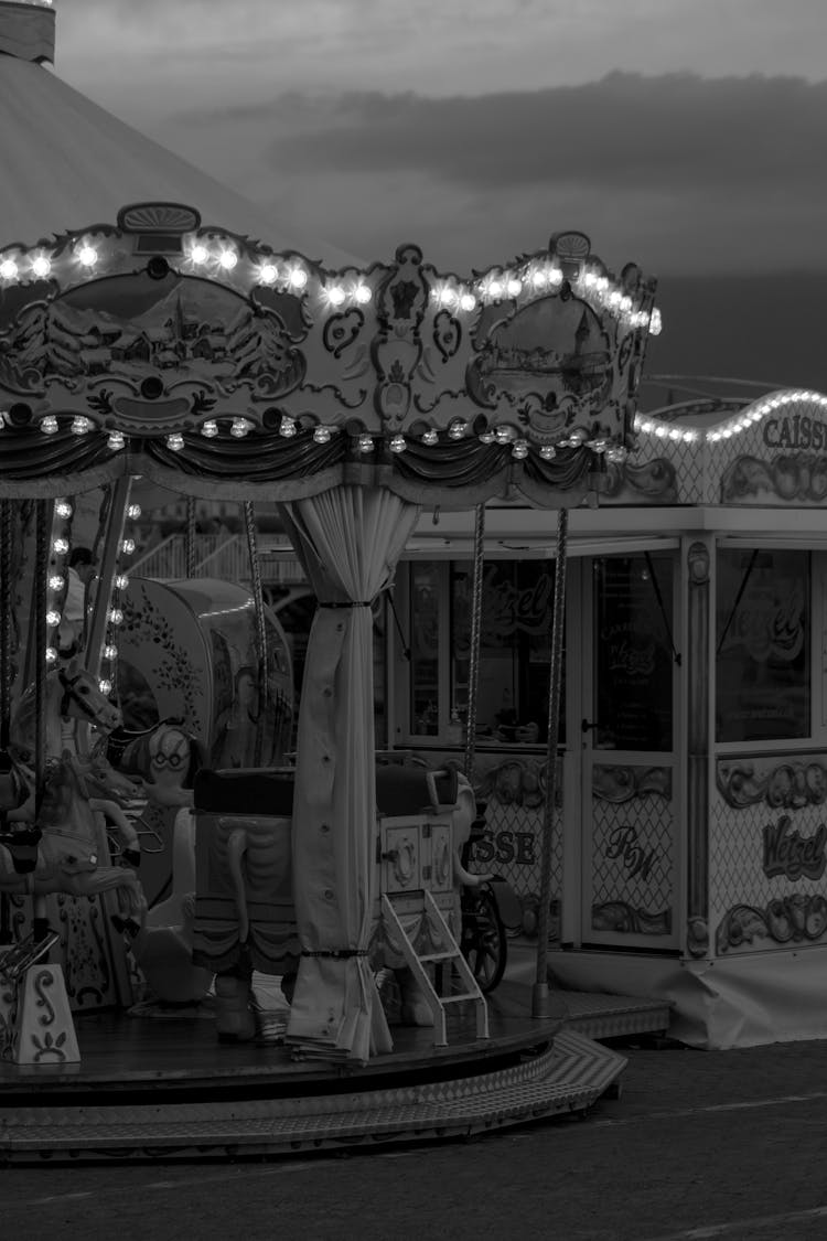 Grayscale Photo Of A Carousel 