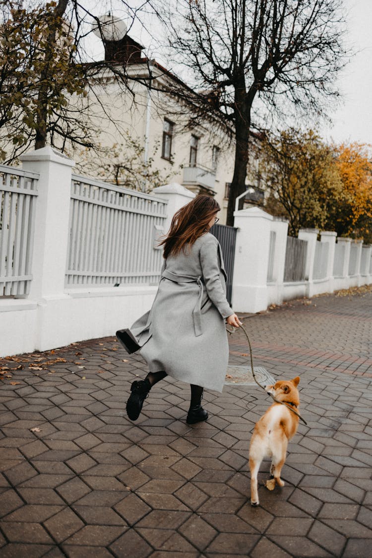 Woman In Gray Coat Walking With Her Pet Dog