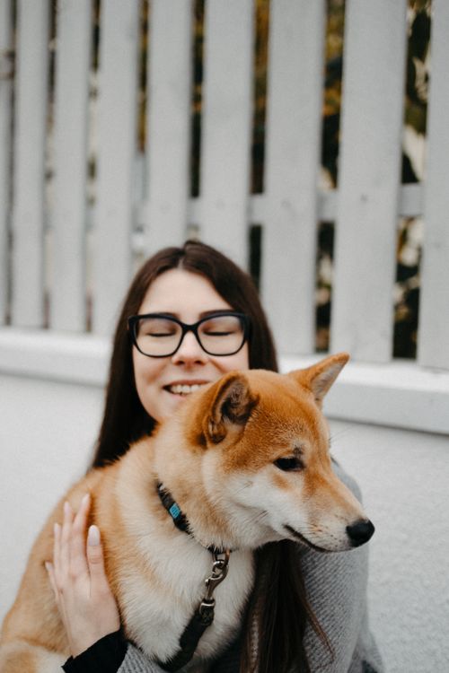 Free A woman lovingly embraces her Shiba Inu dog outdoors. Stock Photo