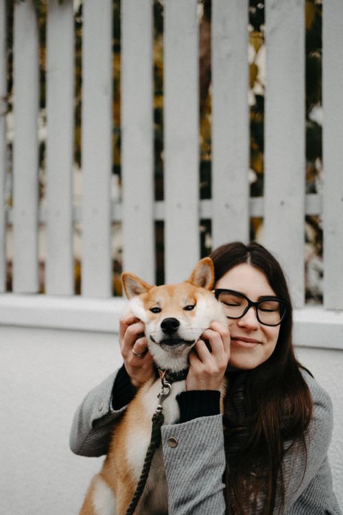 Free A woman joyfully embraces her Shiba Inu dog outdoors, showcasing their bond. Stock Photo