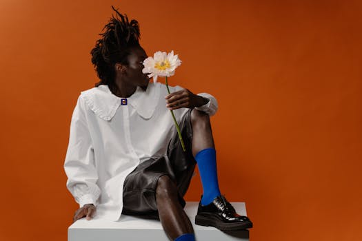 Fashion photo of person in white shirt holding peony against orange backdrop.