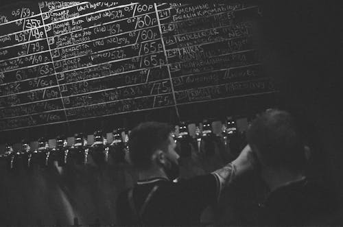 Grayscale Photo of a Chalkboard with Handwritten Beer Brands and Prices