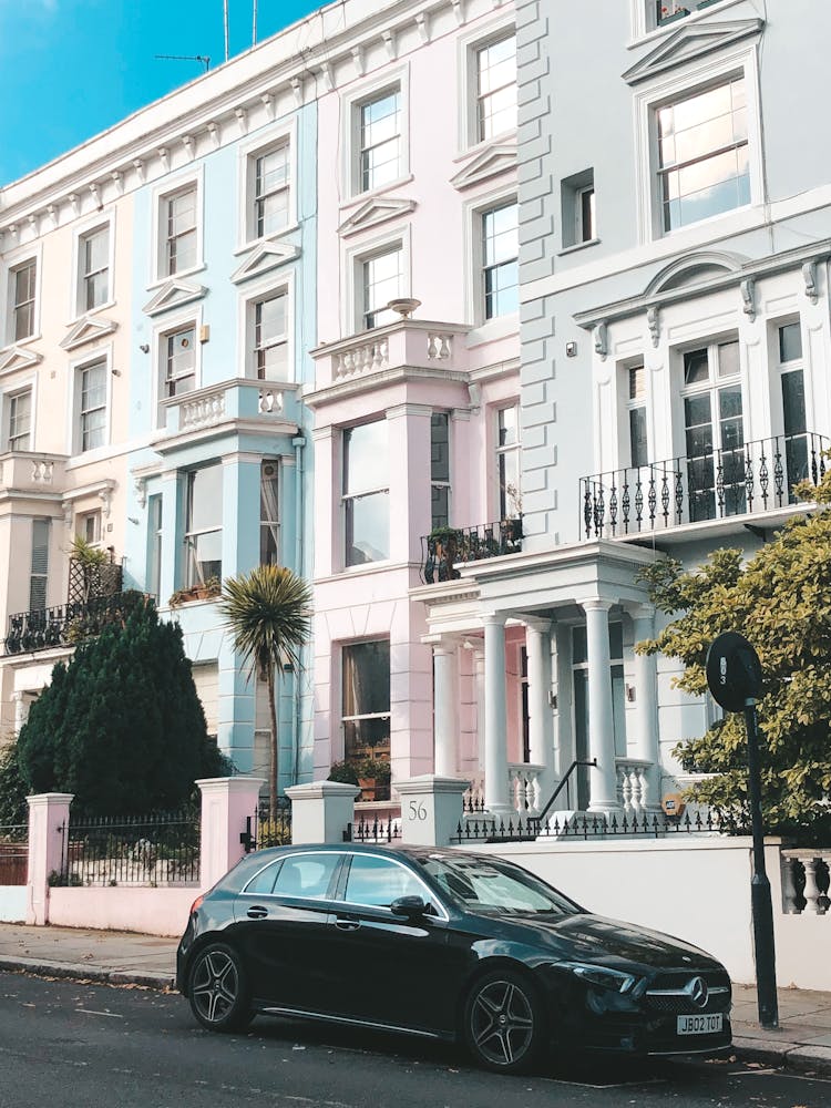 Black Car Parked By The Townhouses On Notting Hill, London, England