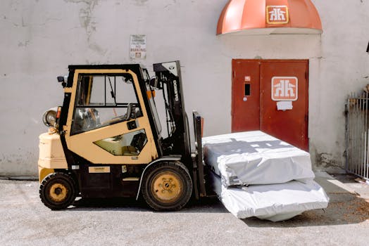 Forklift unloading wrapped goods outside an industrial building with a red door.