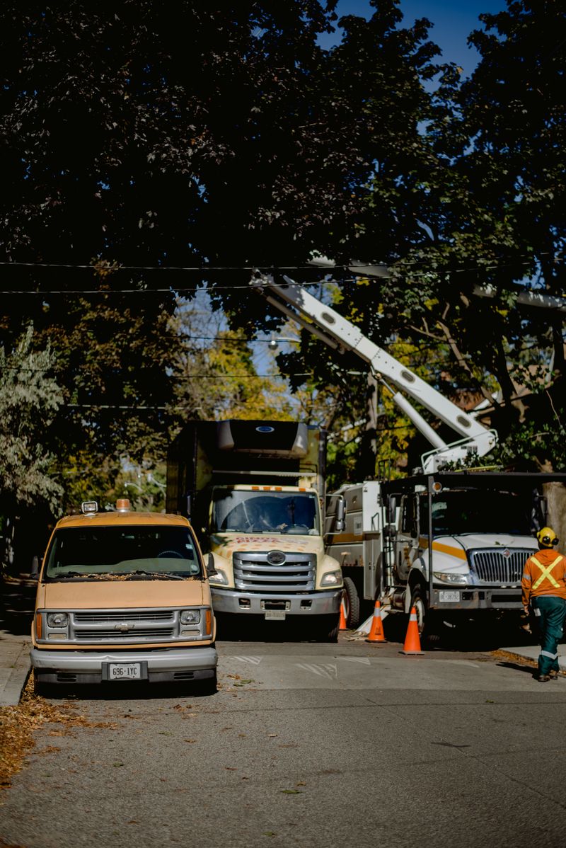Utility trucks with workers performing electrical maintenance
