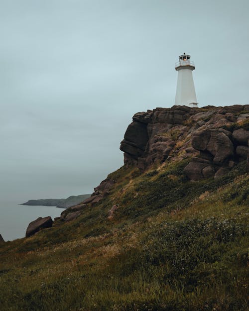 Lighthouse on Top of Limestone Rocks Overlooking Sea