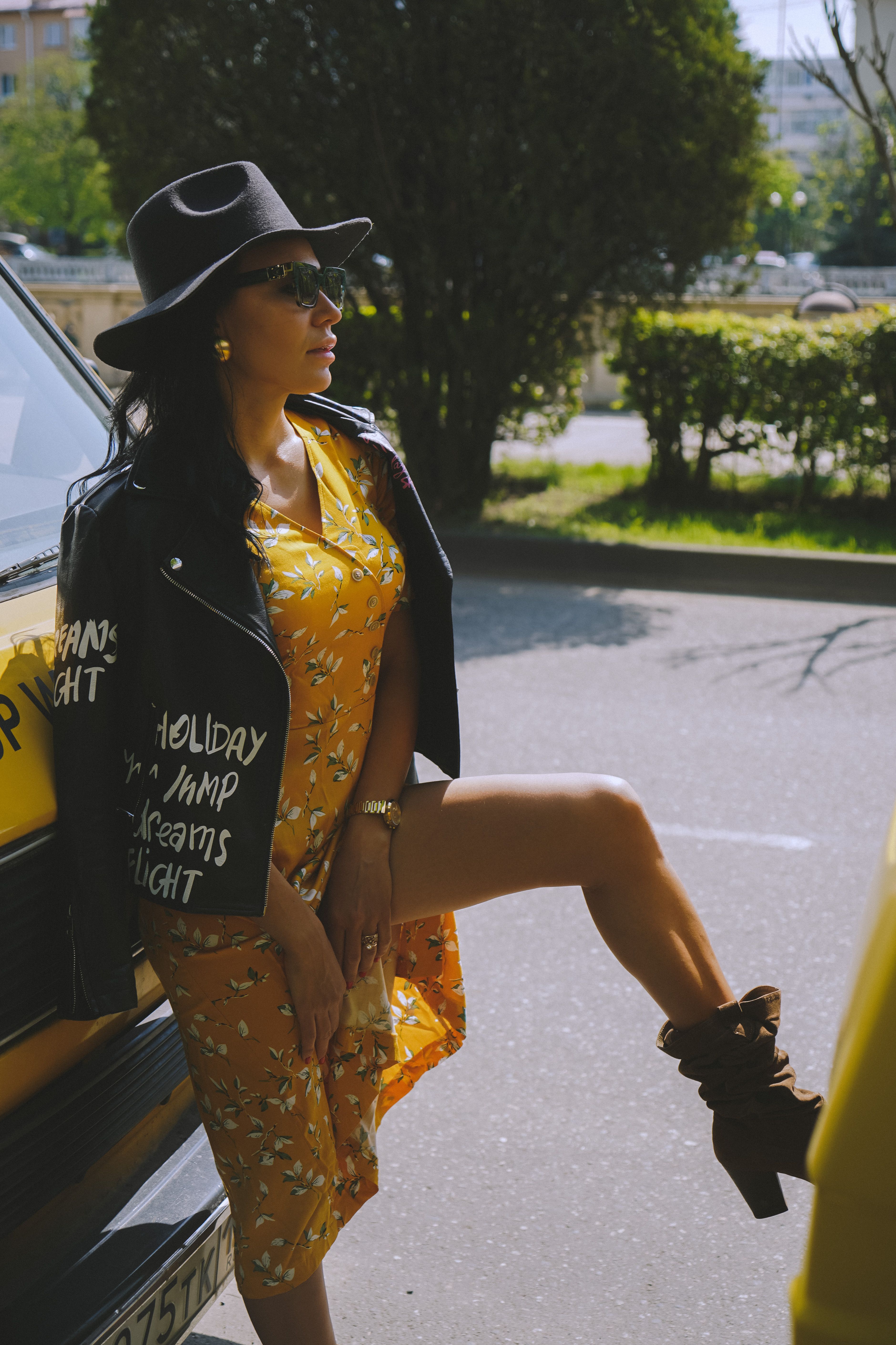 Yellow Dress With Leather Jacket Yellow Biker Jacket And Knit Maxi Dress