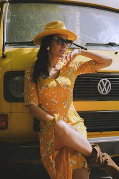 A fashionable woman in a yellow dress and hat poses by a classic Volkswagen van, exuding retro charm.