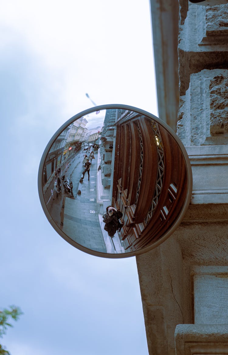 View Of City Street And People Reflecting In Round Convex Mirror