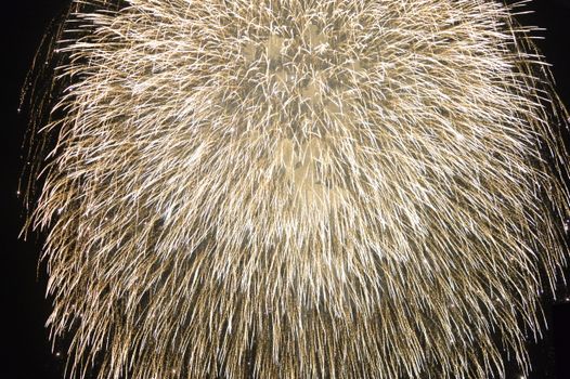 Close-up view of a dazzling fireworks explosion lighting up the night sky.