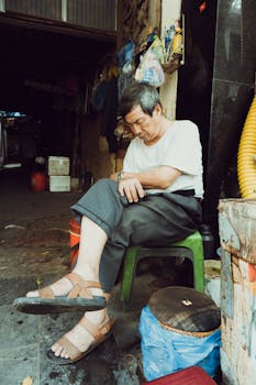 在城市车库内，一名老人安详地睡在凳子上，周围是工具和用品