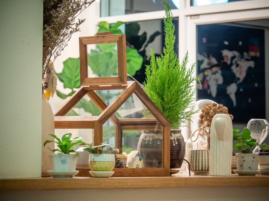 Onregelmatige plantenpotten op minimalistisch houten rek. Onregelmatige plantenpotten op minimalistisch houten rek.