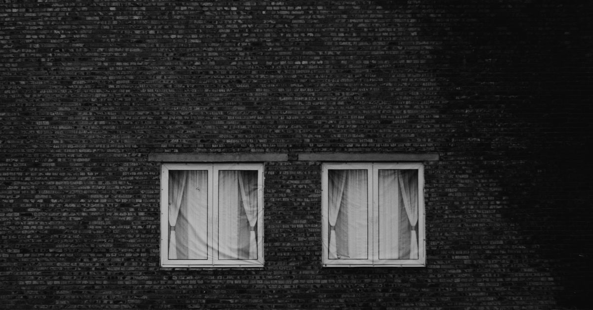 Monochrome photo of a brick wall featuring two curtained windows.