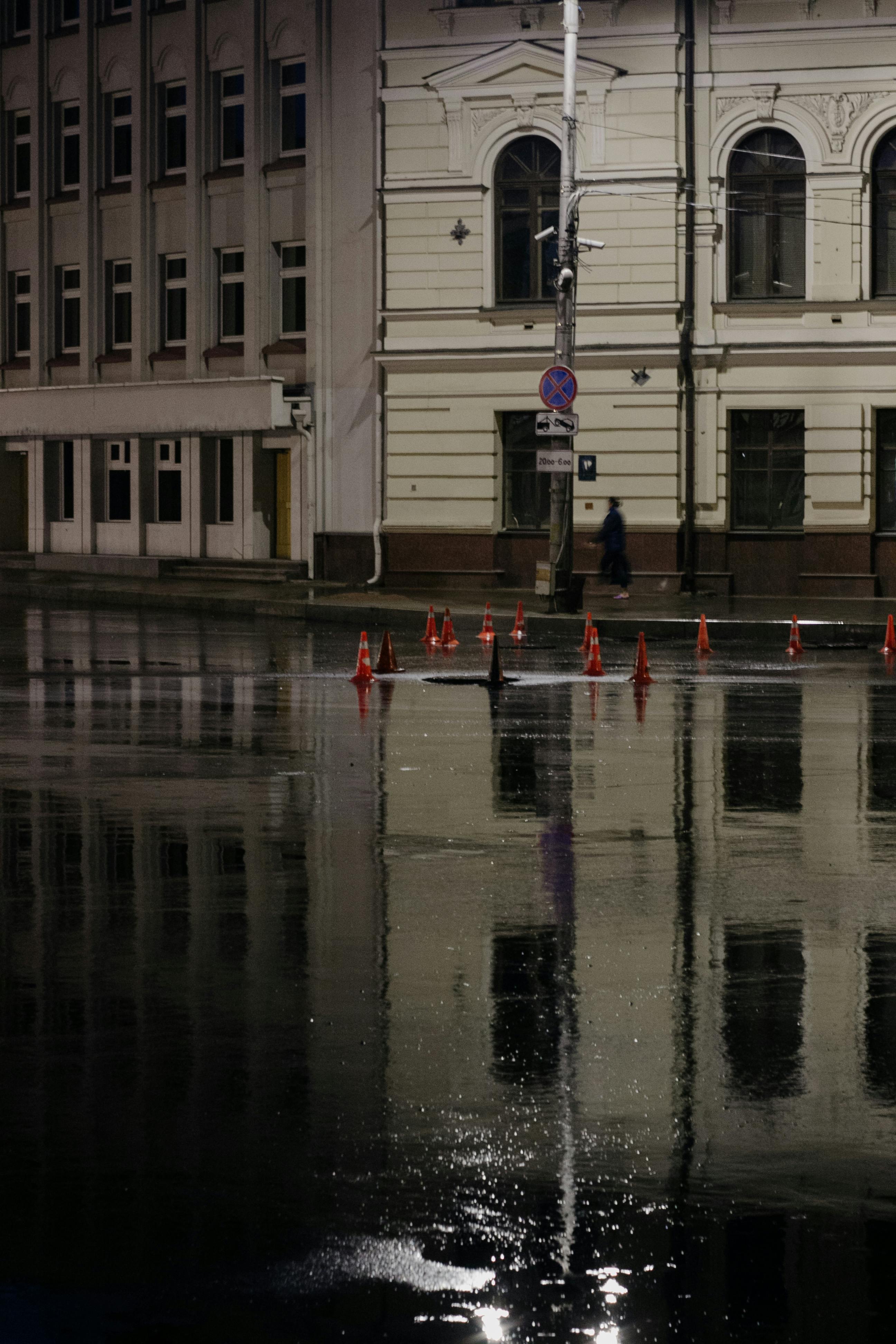 building reflection on wet street