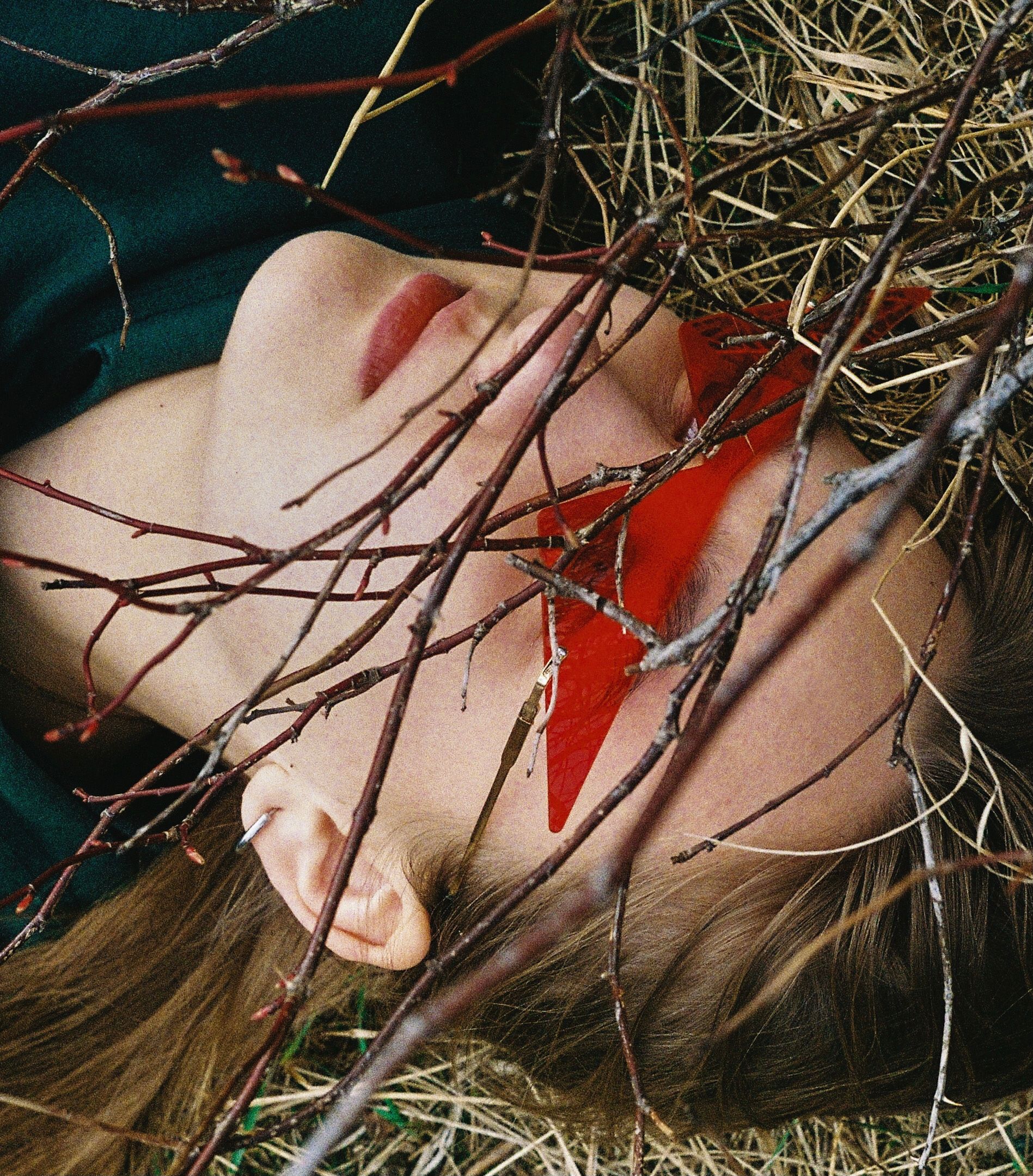 A creative portrait of a woman laying on grass with branches and red glasses emphasizing her serene expression.