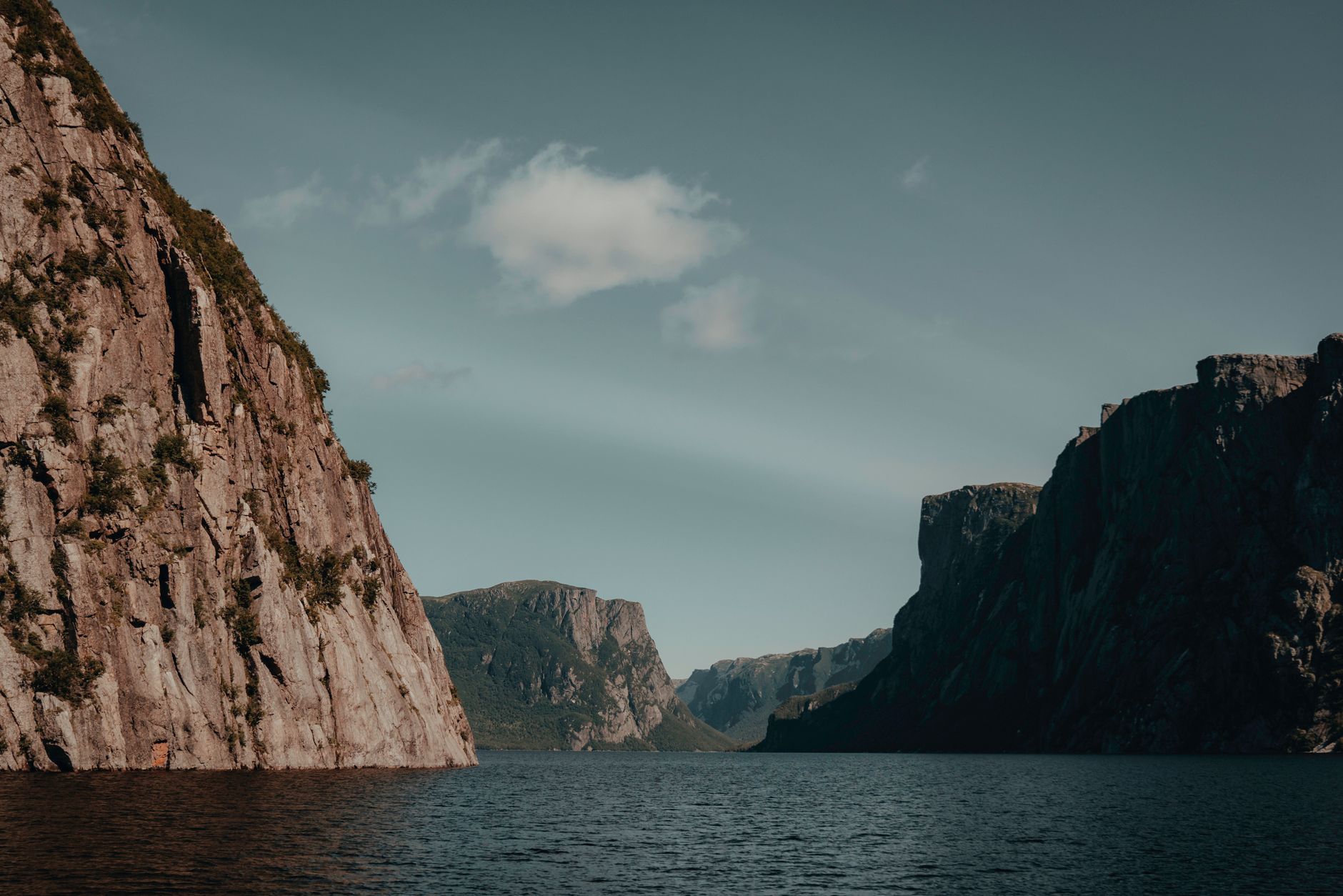 Scenic view of rugged fjords and calm waters in Newfoundland, Canada.
