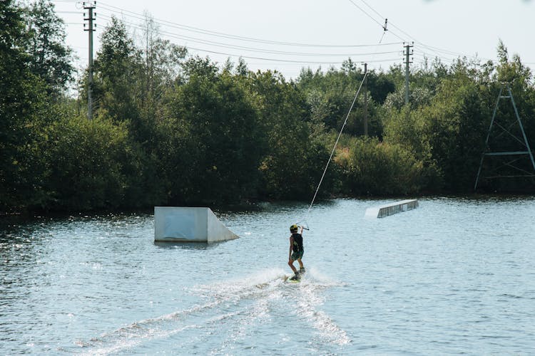 High Angle View On Woman Wakeboarding