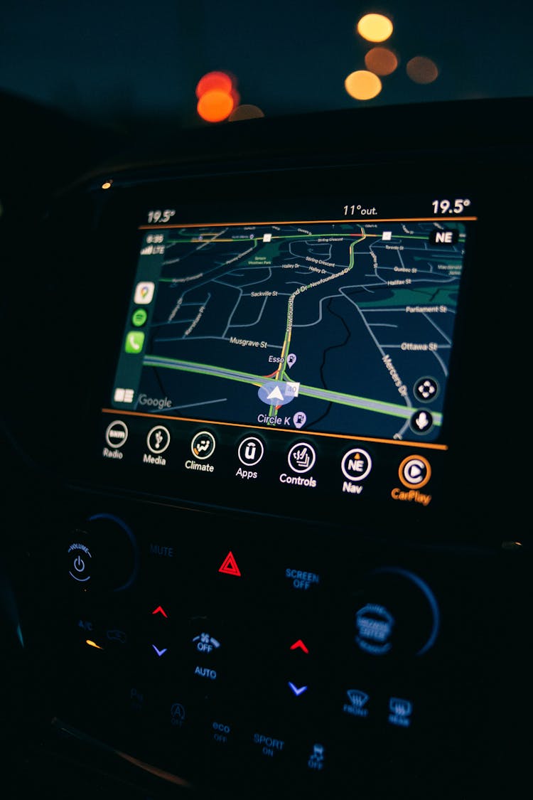 Black Car Gps Monitor Turned On Displaying Map