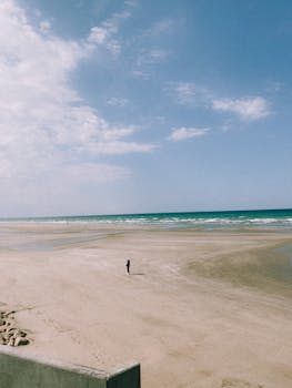 A lone figure walks along a wide, tranquil sandy beach with a vast sky and gentle sea waves.