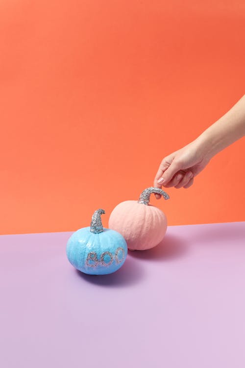 Blue and Pink Pumpkins on the Table