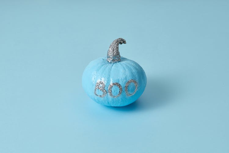 Light Blue Pumpkin With Glittery Caption Boo