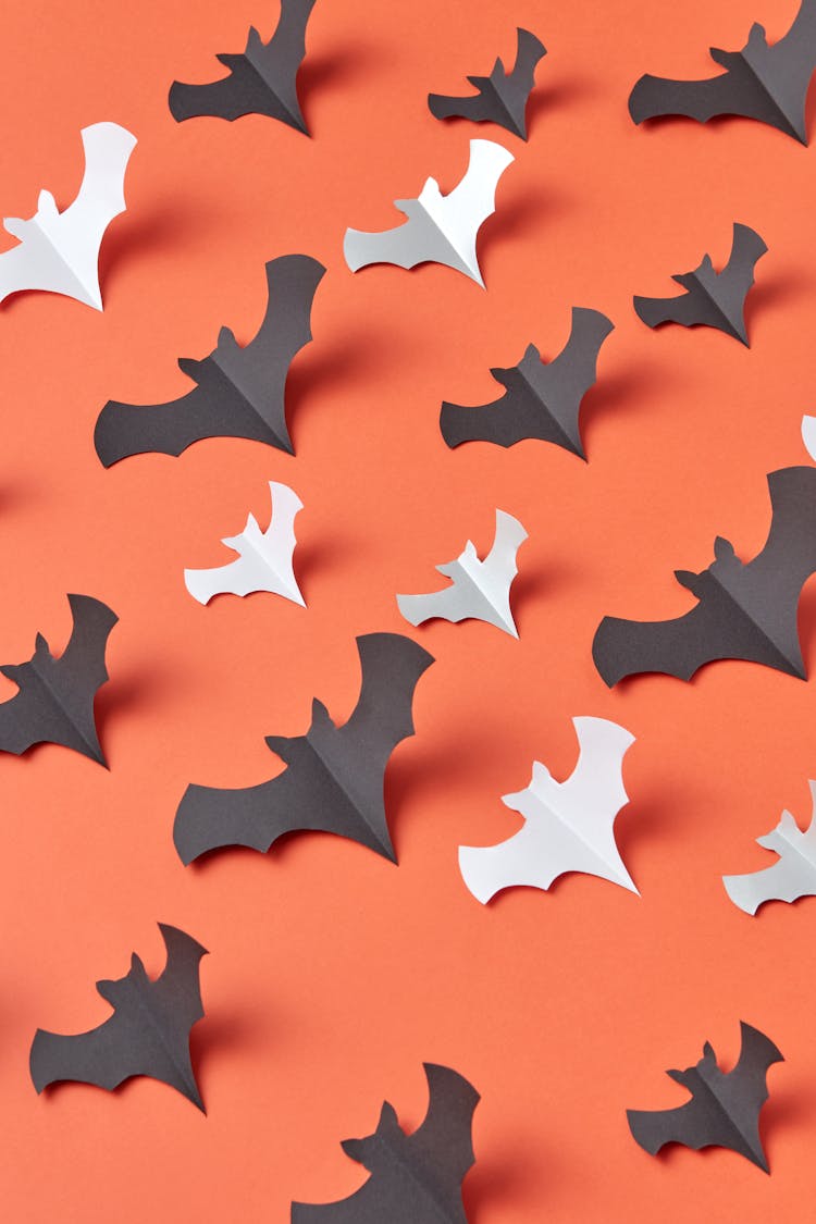 Bat Shaped Paper Decoration On Orange Wall 