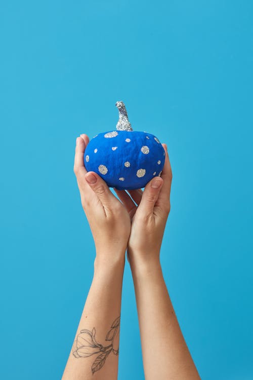 A Person Holding a Blue and Silver Mini Pumpkin