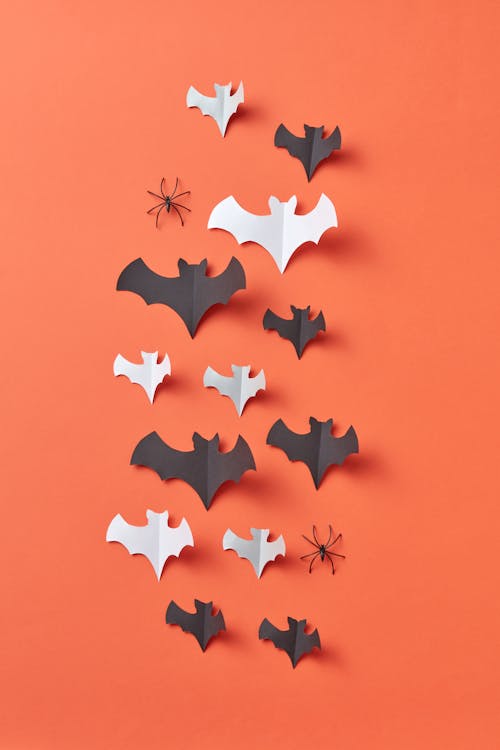 Black and White Bat Shaped Paper Cut Outs and Spider Toys on a Red Surface
