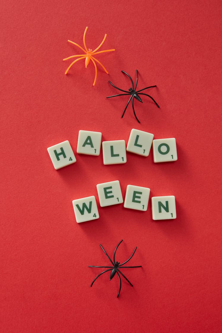 Halloween Word From Letters And Spiders Decorations