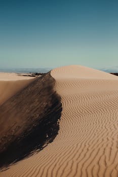 Breathtaking view of sand dunes under a clear blue sky at Oceano Dunes in California.
