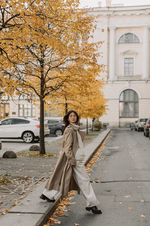 Free A fashionable woman walks on a tree-lined city street during autumn, wearing a trench coat. Stock Photo