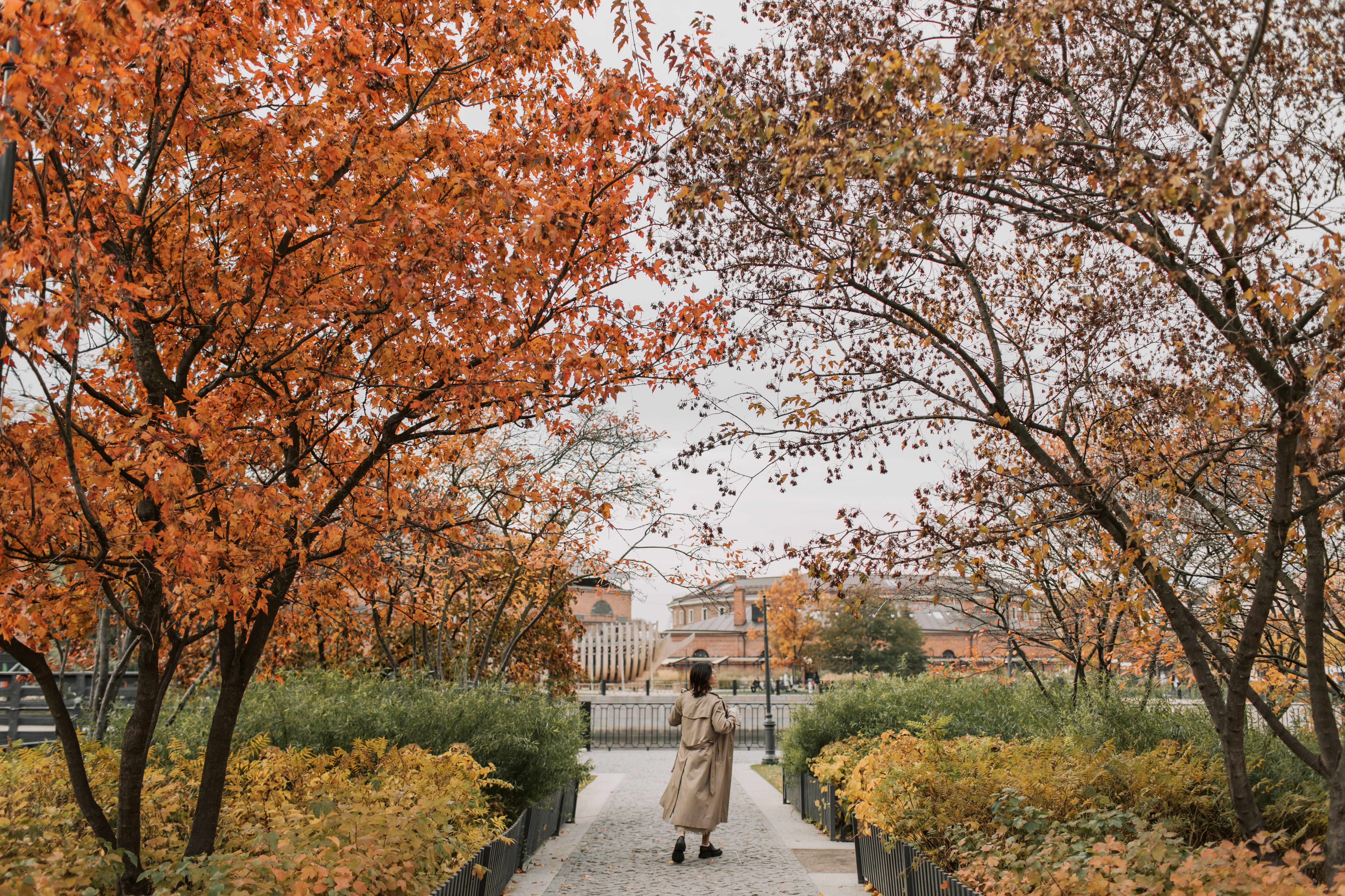 Woman in Trench Coat Walking on the Garden · Free Stock Photo