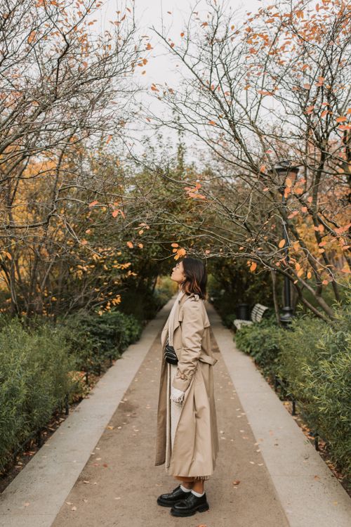 Free A woman wearing a trench coat walks along a tree-lined path in a vibrant autumn setting. Stock Photo
