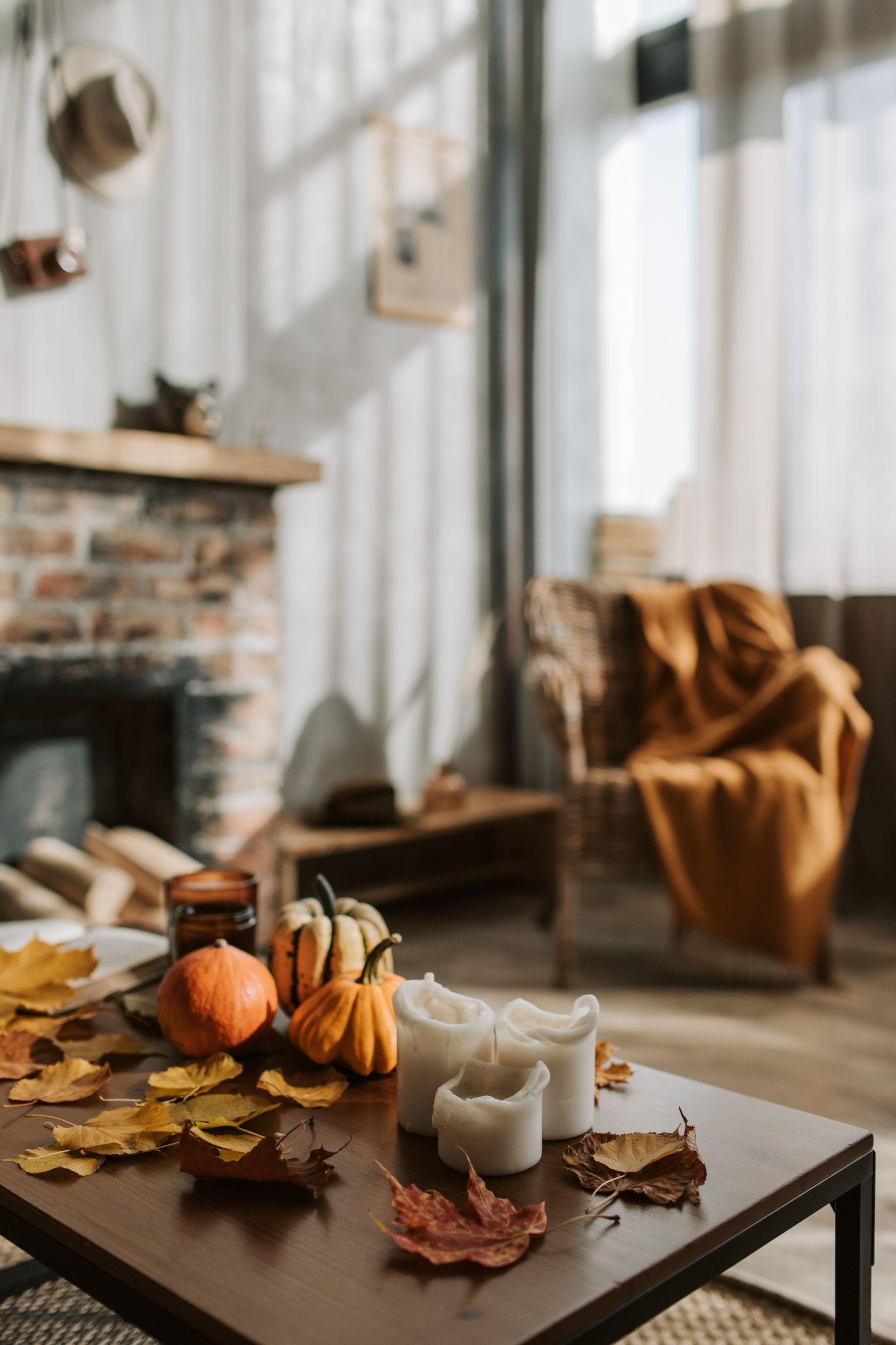 Autumn living-room scene with pumpkins and dried foliage
