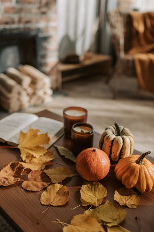 Free Warm indoor autumn scene with pumpkins and leaves on a wooden table. Stock Photo