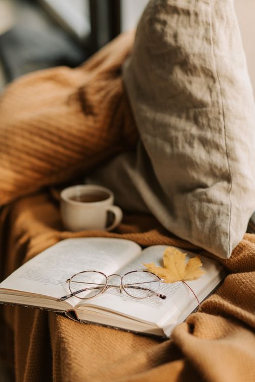 Free A warm and inviting scene with an open book, glasses, and tea by a pillow, perfect for autumn moments. Stock Photo