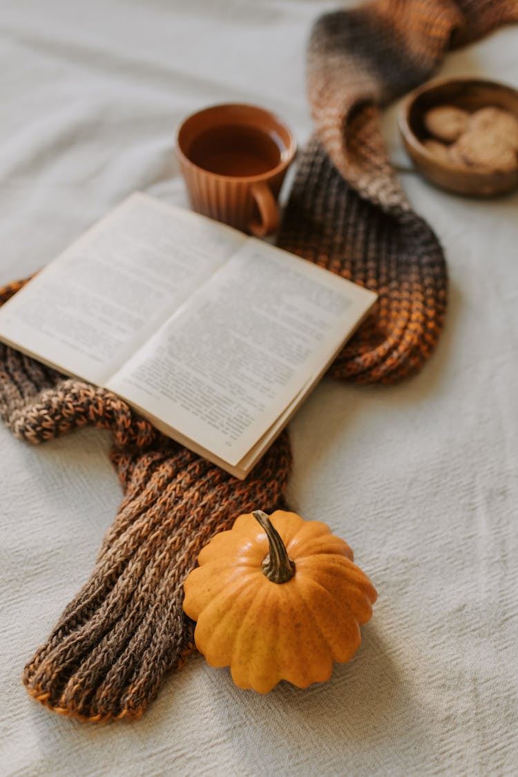 Photo Of A Book Near A Pumpkin