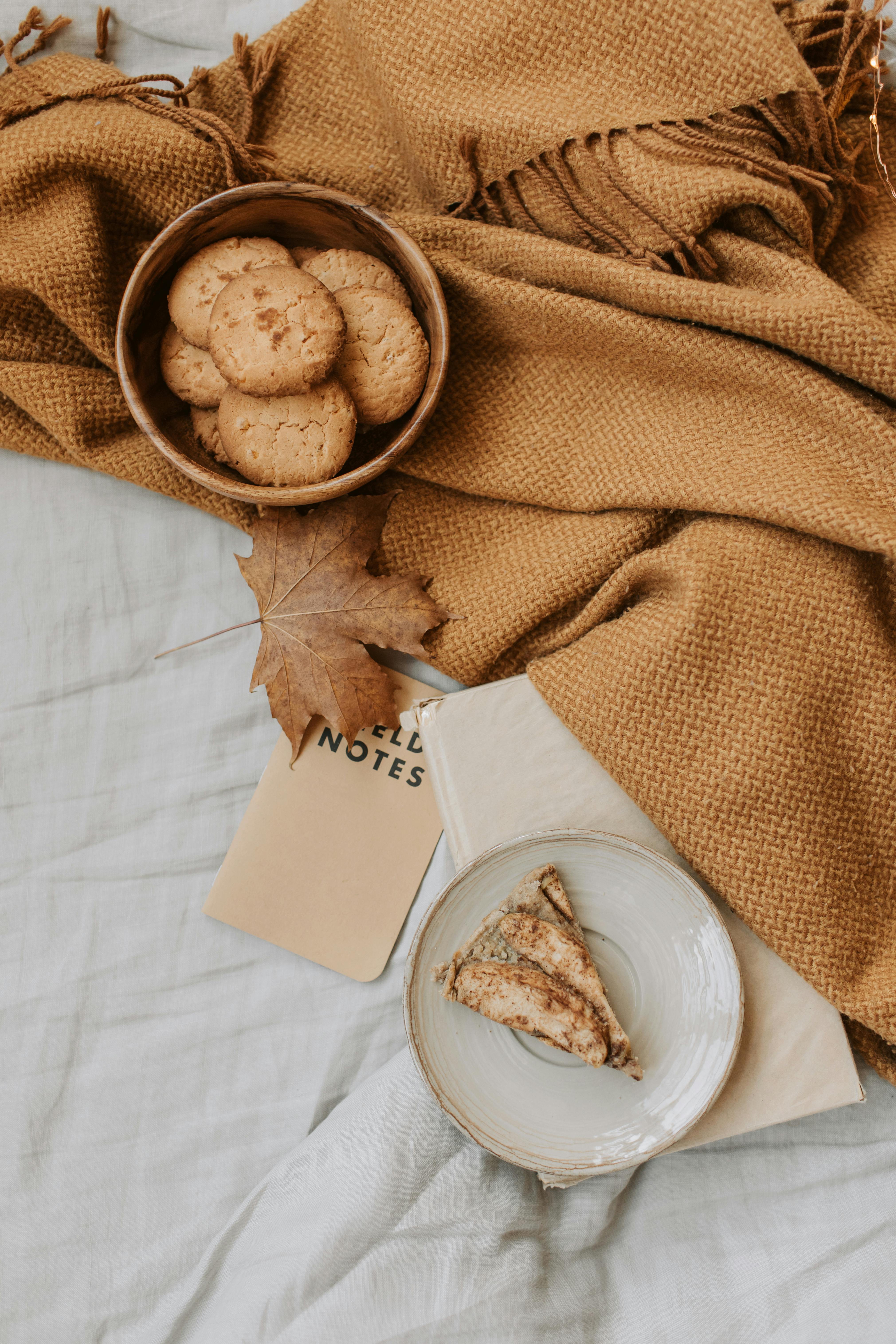 cookies in a bowl on top of a brown blanket