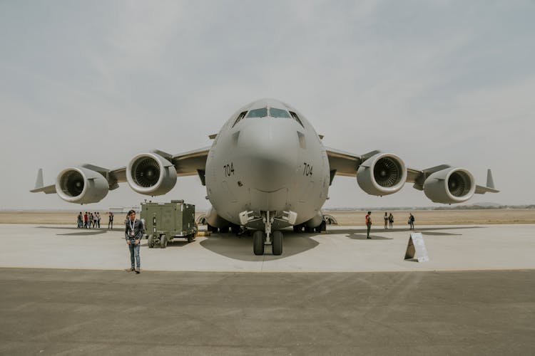 Front View Of C-17 Transport Plane Standing On Tarmac