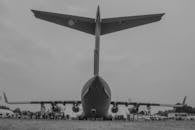 Grayscale Photo of the Rear of an Aircraft