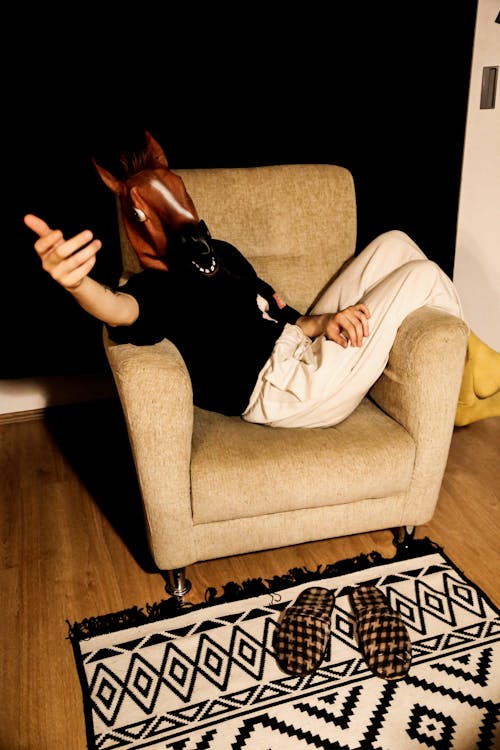 A Person in a Horse Head Mask Sitting in an Armchair