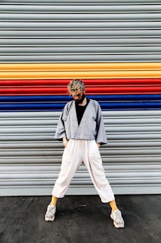 Stylish individual standing against a colorful striped background, showcasing modern urban fashion.