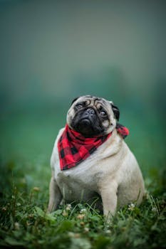 Adorable pug wearing a red checkered scarf sits on grass, looking at the camera.