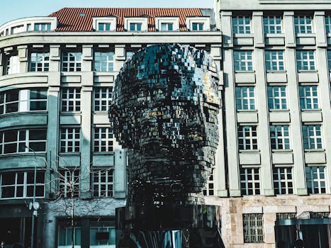 The dynamic head sculpture of Franz Kafka located in Prague, Czechia.