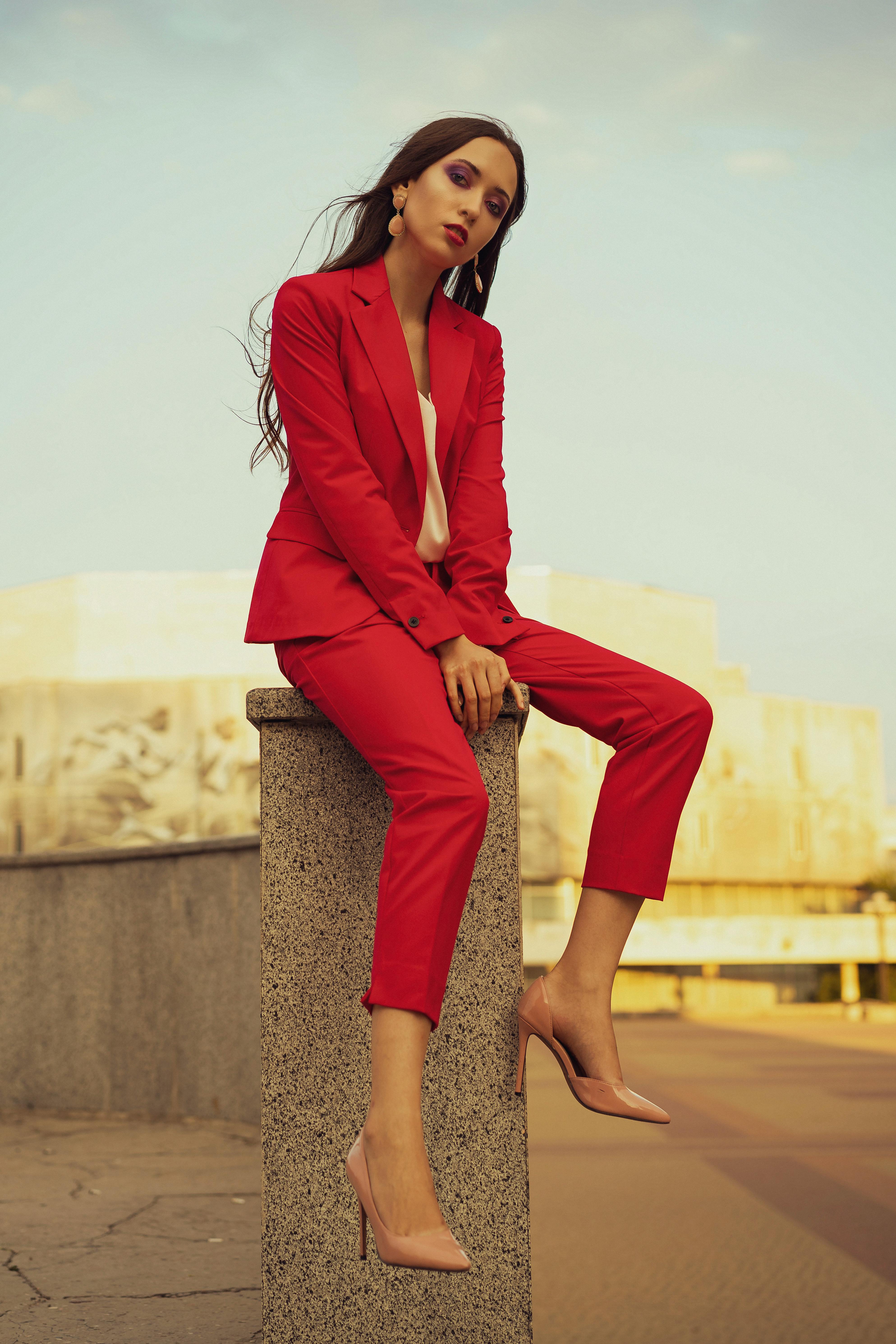 woman in red suit