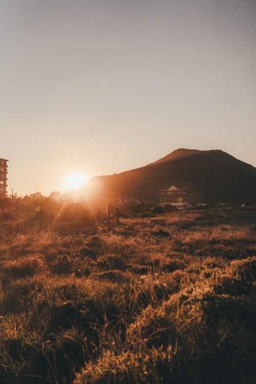 Free Peaceful rural scene with the sun rising over a grassy field and distant hills. Stock Photo