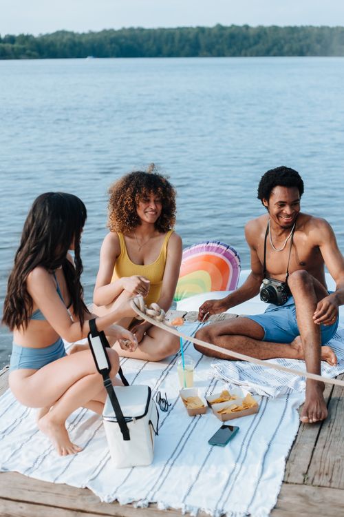 Free Group of young adults having fun at a lake picnic on a sunny day with snacks and drinks. Stock Photo